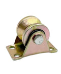 Heavy Duty V Groove Caster Wheels 4 Pack One Quarter Inch Steel Sliding Gate Rollers, showcasing a steel roller on a mounting bracket.