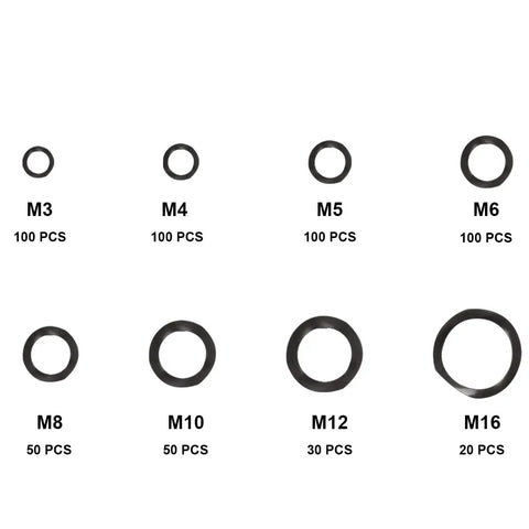550 Pcs Carbon Steel Spring Wave Washer Gasket Set With 8 Sizes M3 M4 M5 M6 M8 M10 M12 M16 For Hardware And Fasteners Get The Right Fit Heavy Duty Wave Washer Assortment Kit For Precision Assembly. M3 to M16 wave washers in black carbon steel, labeled by size
