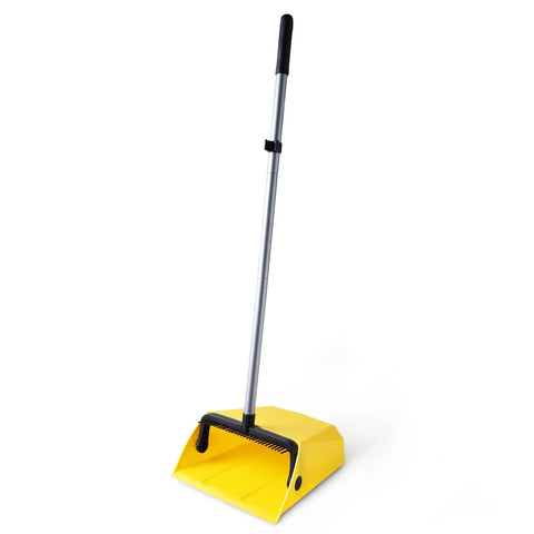 Heavy Duty Commercial Dustpan With Built In Comb For Hair Removal, Indoor Outdoor Use, Large 42 Inch Tall Dustpan displayed upright