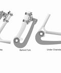 V6 Universal Ebike Torque Arm For Front And Rear Motors Fits 12mm 14mm And 16mm Axles Hardened Insert For Double Spinout Strength Frame Mounted With Hose Clamps Beefy Heavy Duty Stainless Steel Construction, shown above seatstay, behind fork, under chainstay