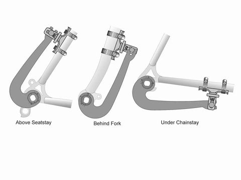 V6 Universal Ebike Torque Arm For Front And Rear Motors Fits 12mm 14mm And 16mm Axles Hardened Insert For Double Spinout Strength Frame Mounted With Hose Clamps Beefy Heavy Duty Stainless Steel Construction, shown above seatstay, behind fork, under chainstay
