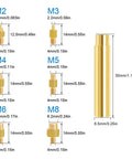 Diagram showing dimensions of Heat Set Insert Tool For Threaded Inserts M2 To M8 with brass inserts for 3D printer components.