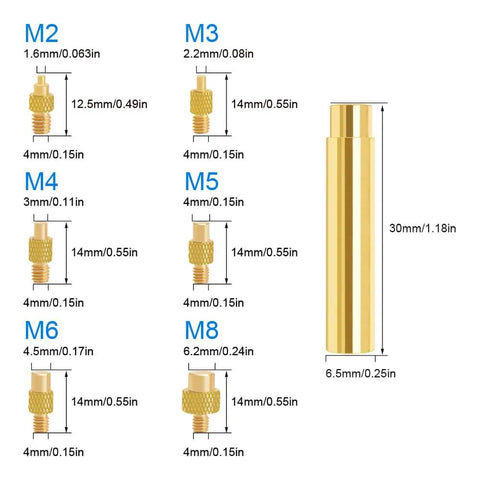 Diagram showing dimensions of Heat Set Insert Tool For Threaded Inserts M2 To M8 with brass inserts for 3D printer components.