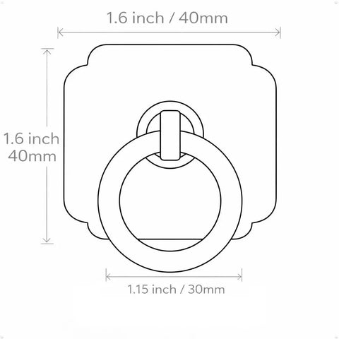Diagram of Four Pack Satin White Cabinet And Bifold Ring Pull Handles With One And Three Fifths Inch Backplate dimensions.
