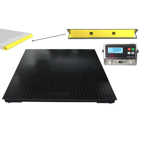 Heavy Duty Digital Floor Scale 5 X 5 Ft with LCD display, black steel deck, and yellow rubber bumper for warehouse shipping.