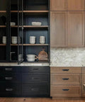 10 Pack 3 Inch Center To Center Matte Black Cabinet Cup Pulls For Drawers And Cabinets installed on wood kitchen cabinetry.