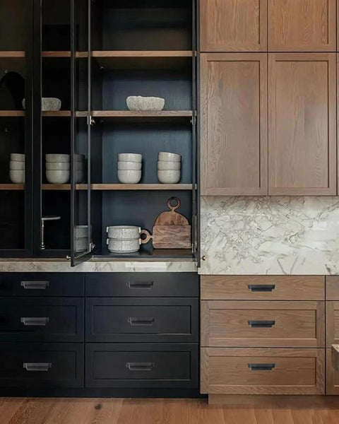 10 Pack 3 Inch Center To Center Matte Black Cabinet Cup Pulls For Drawers And Cabinets installed on wood kitchen cabinetry.