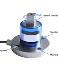 Static Torque Sensor With Flange To Square Drive For Torque Wrench Calibration Measures Forward And Reverse Torque 5 Nm Range IP65 Protection 120 Percent Full Scale Overload Built For Lab Shop And Pro Grade Use product showing mounting holes and torsional force points