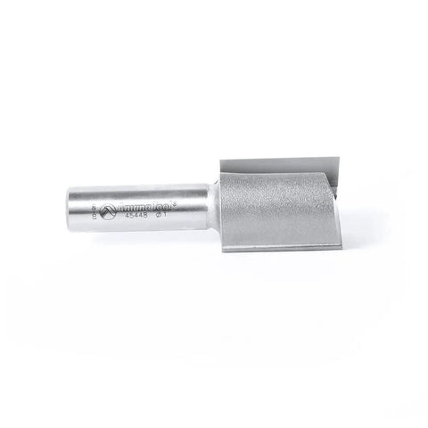 Carbide Tipped Straight Plunge Router Bit Built For Heavy Duty Production 1 Inch Diameter, 1-1/4 Inch Cutting Height, 1/2 Inch Shank, Two Flutes For Minimal Vibration And A Smooth Finish, 2-7/8 Inch Overall Length on white background.