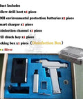 Heavy Duty Veterinary Bone Drill Machine Featuring Rechargeable NiMH Battery Dual Direction Speed Control And Autoclave Compatible Design with included accessories in packing box.