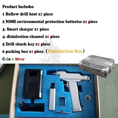 Heavy Duty Veterinary Bone Drill Machine Featuring Rechargeable NiMH Battery Dual Direction Speed Control And Autoclave Compatible Design with included accessories in packing box.