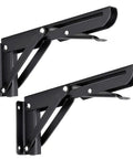 Heavy Duty Folding Shelf Bracket Set Black Metal Triangular Hinge Supports For Wall Mounted Shelves And Benches 8 Inch 2 Pack