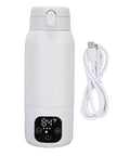 Cordless Portable Travel Electric Kettle 500ml 316 Stainless Steel With Ridiculously Fast 360 Degree USB Charging For Quick Tea Coffee Prep Grab And Go Travel Essentials next to USB charging cable.