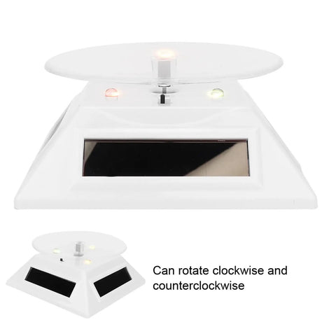 Xhtllo Electric Led Light Solar Powered Rotating Turntable Display Stand For Jewelry Phunique Watches Camera And Decorations, front view with lights