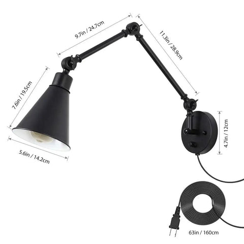 Set of 2 Swing Arm Plug in Wall Lamps with Dimmable Switch Industrial Black Metal Reading Sconces with measurements shown