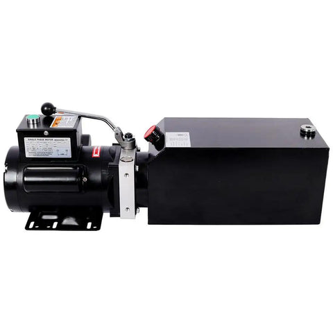 Stanss Single Acting Hydraulic Power Unit With 10 Quart Steel Reservoir featuring motor, lever, and safety valve for dump trailer use.
