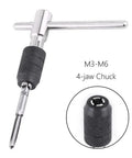 Pro Grade T Handle Tap Wrench Kit With 5 Tap Sizes M3 M4 M5 M6 M8 And 5 Twist Drill Bits For DIY Threading, shown in close-up view