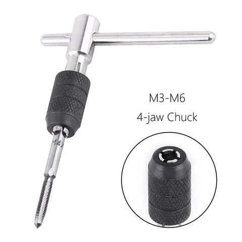 Pro Grade T Handle Tap Wrench Kit With 5 Tap Sizes M3 M4 M5 M6 M8 And 5 Twist Drill Bits For DIY Threading, shown in close-up view