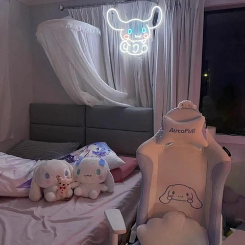 Bedroom setup with Blue Anime Neon Sign LED Tube Night Light for Wall Decor, 21x15.6 Inch above a bed and gaming chair.