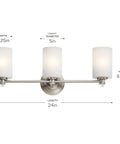 Sleek 3 Light Vanity Light With Satin Etched Opal Glass And Clear Glass Accents In Brushed Nickel Finish, shown with dimensions.