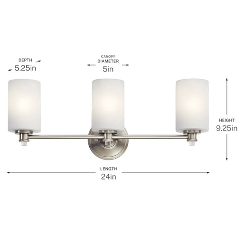 Sleek 3 Light Vanity Light With Satin Etched Opal Glass And Clear Glass Accents In Brushed Nickel Finish, shown with dimensions.