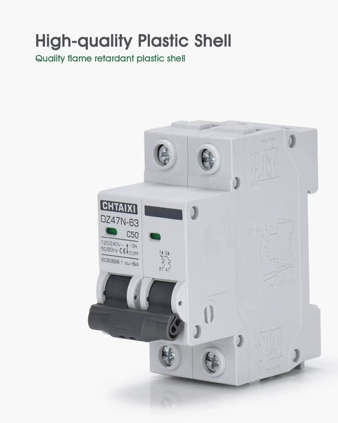 Built Tough 20 Amp Miniature Circuit Breaker 2 Pole For 120 Volt And 240 Volt Ac Wiring Panels Featuring Curve C Response and Hassle Free Overload Protection For Home Use, showing high-quality plastic shell.