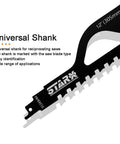Close-up of 12-inch universal shank Beefy Tungsten Carbide Reciprocating Saw Blades for demolition and masonry, 3-piece set