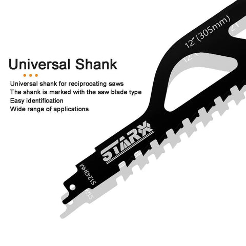 Close-up of 12-inch universal shank Beefy Tungsten Carbide Reciprocating Saw Blades for demolition and masonry, 3-piece set