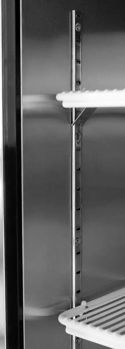 Kickass Heavy Duty Two Door Reach In Commercial Freezer All Stainless Steel Exterior And Interior showing interior shelf support.
