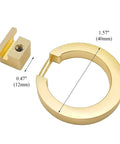 Close-up of 6 Pcs Brushed Brass Cabinet Ring Pulls Set In Zinc Alloy With Durable Single Hole Design showing dimensions and components.
