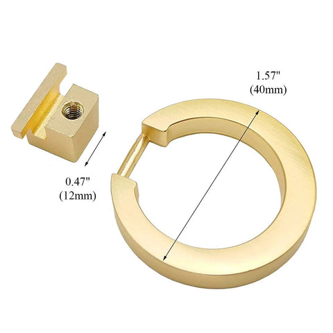 Close-up of 6 Pcs Brushed Brass Cabinet Ring Pulls Set In Zinc Alloy With Durable Single Hole Design showing dimensions and components.