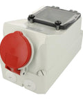 Heavy Duty Red Wall Mount Power Socket With Built In Rcd Protection, Pro Grade 5 Pole Industrial Outlet, Ip44 Sealed Housing For 16 Amp 400 Volt Job Sites, Rock Solid Screw Terminal Connections shown at an angle with visible red outlet.