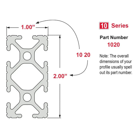 Diagram of Heavy Duty 1 Inch By 2 Inch T Slotted Aluminum Extrusion 10 Series 6063 T6 Anodized Clear Finish 48 Inch Long