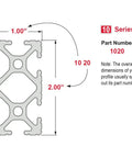 Diagram of Black Anodized 1x2 Inch T Slot Aluminum Extrusion, 10 Series Modular Rail, dimensions 1" x 2", part number 1020
