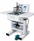Heavy Duty Built Like A Tank Pneumatic Picture Frame Corner Joiner Machine with foot pedal and digital controls, designed for woodworking.