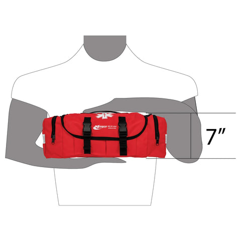Front view of MFASCO red reflective emergency first aid trauma bag with black straps