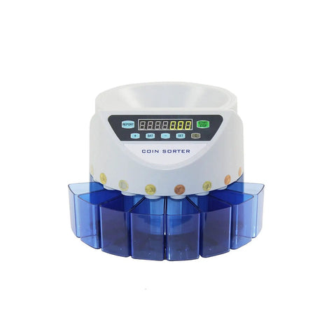 No Sweat Cash Counting Station With Three Digit Led Coin Sorter And Euro Compatible Bill Scanner For Quick Daily Balancing, front view showing coin compartments and LED display.