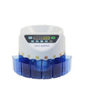 Smooth Operating Money Counter Machine With Automatic Coin Sorter And Eight Money Tubes LED display, detailed view with blue coin tubes.