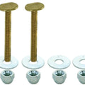 Top Notch Closet Bolt Kit For Quick Toilet Tank Setup Featuring Nickel Plated Open End Nuts, flat rings, and brass bolts.