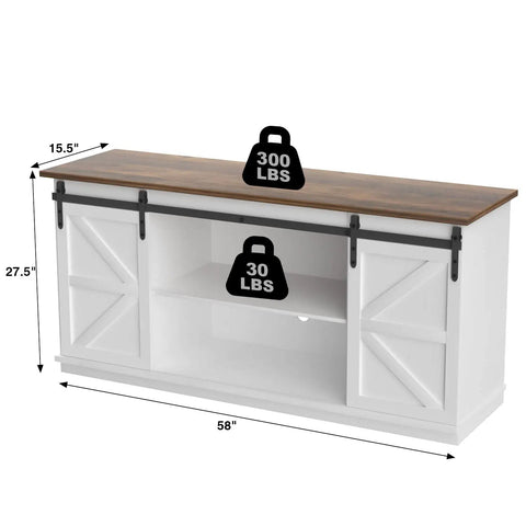 65 Inch TV Stand With Storage Cabinets And Sliding Barn Doors In Bright White Dope Farmhouse Style Entertainment Console With Mid Century Modern Flair