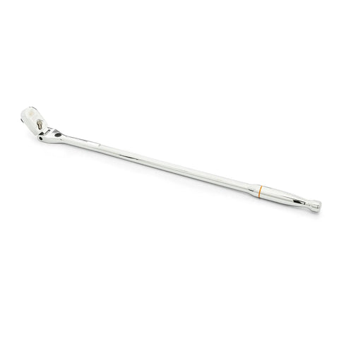 Half Inch Drive Locking Flex Head Ratchet, 120XP, full polish grip, long handle, shown at an angle with 9-position head visible.