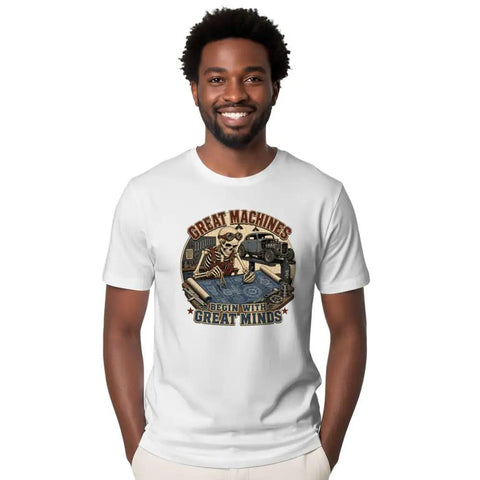 Man wearing Vintage Mechanical Blueprint Tees Distressed Auto Diagram Gift Gearhead Shirts For Garage Makers And Car Enthusiasts Worn Precision Parts Art.