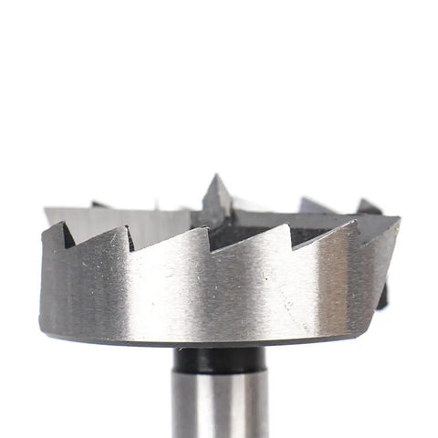 Close-up view of a tungsten carbide drill bit from the Top Shelf 16 Piece Wood Drill Bit Set for precise wood drilling.