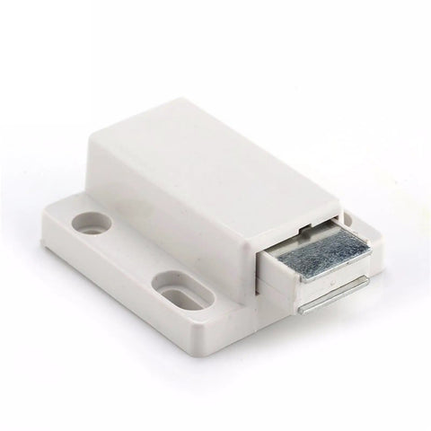 Magnetic Push Latches For Cabinets And Drawers, durable metal build, white housing, detailed view of latch mechanism