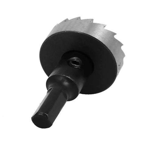 32mm Hole Saw Cutter Kit With 70mm Overall Length, Pro Grade HSS Spring Loaded Twist Drill Bit, Includes 5mm Pilot Drill, Hex Wrench And Case, Durable High Speed Steel For Wood Metal Plastic, 13mm Cutting Depth, close-up of the hole saw cutter in black.