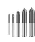 Five solid carbide router bits, varying sizes and angles, Boss Level 90 Degree V Groove Router Bit Featuring Four Heavy Duty Carbide Flutes.