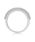Dreamy Platinum Plated Moissanite Grid Engagement Ring For Her Wide Sterling Silver Bridal Wedding Band with round accents.
