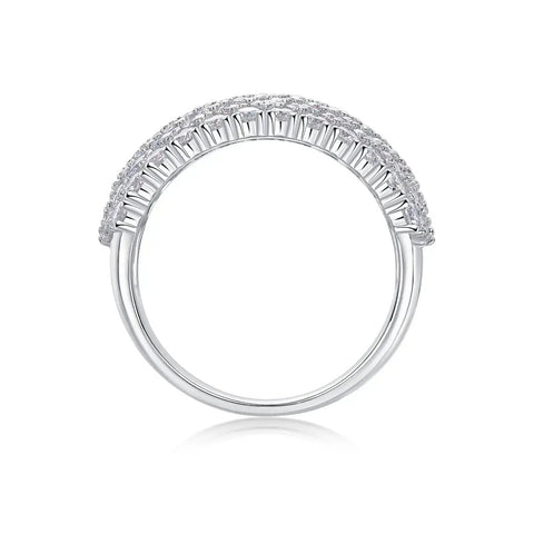 Dreamy Platinum Plated Moissanite Grid Engagement Ring For Her Wide Sterling Silver Bridal Wedding Band with round accents.