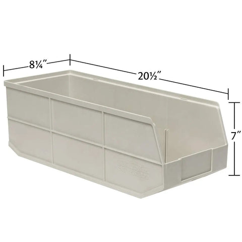 Heavy Duty Plastic Stacking Storage Bins In Beige featuring a six pack bundle, measuring 20.5x8.25x7 inches.