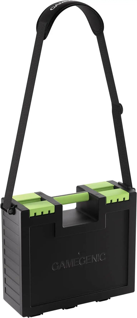 All-In-One Double-Sided Card Case For Cards And Gaming Accessories With 19 Removable Trays In 5 Sizes Holds 6 Commander Decks Or Up To 80 Cards Game Night Ready For Tokens Dice And Tools Black And Green, showing carrying strap
